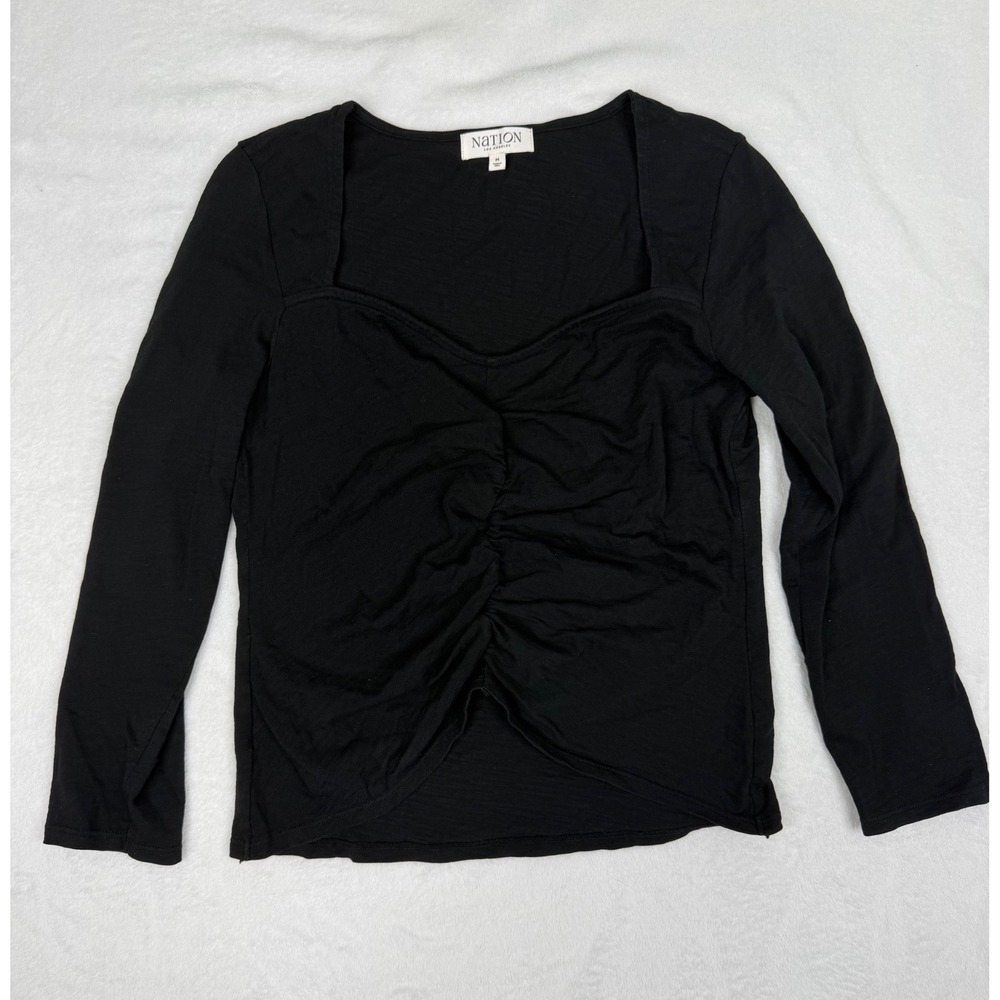 Nation LTD Los Angeles Black Ruched Sweetheart Neck Long Sleeve Cotton Top M